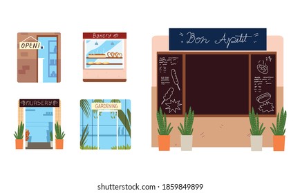 facades set of bakery nursery restaurant and more vector illustration