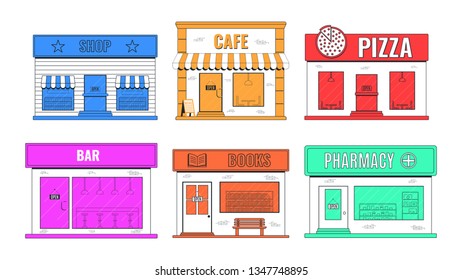 Facades of Shops and Restaurants. Fast Food Restaurants and Shop Buildings. Vector Illustration