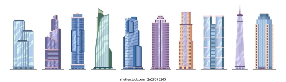 Facades of skyscrapers and tall buildings. Vector in flat style, isolated modern architectural landmarks of big city. Cityscape or skyline, futuristic shape of high raises, urban space design