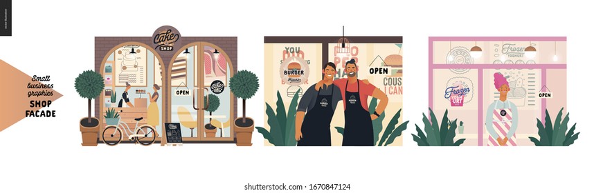 Facades -small business graphics. Modern flat vector concept illustrations -cake shop front, burger house, frozen yoghurt. Owners wearing apron in front of the entrance, interior seen from the outside