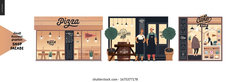 Facades -small Business Graphics. Modern Flat Vector Concept Illustrations -pizza House Front, Craft Beer Pub, Cake Shop. Owners Wearing Aprons In Front Of The Entrance, Interior Seen From The Outside