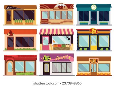 Facades stores or shops exteriors. Pharmacy or bistro cafe, retail. Street business buildings fronts isolated on white background. Colorful vector illustration in cartoon flat style