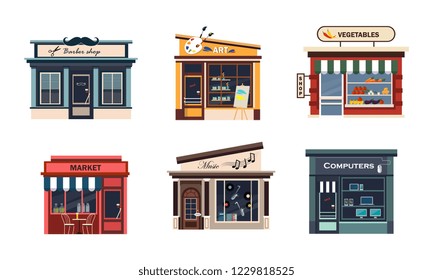 Facades of various shops set, barbery, art, vegetables, market, music, computers vector Illustration on a white background