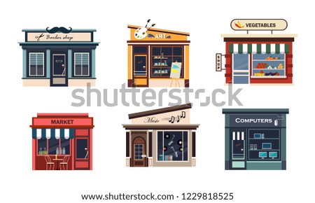 Facades of various shops set, barbery, art, vegetables, market, music, computers vector Illustration on a white background