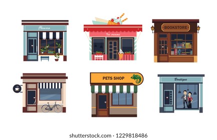 Facades of various shops set, flower, ice cream, bookstore, cafe, pets shop, boutique vector Illustration on a white background