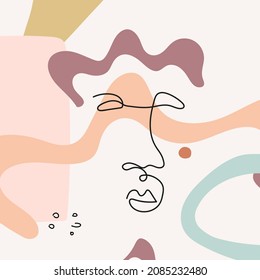 Face with abstract shapes in line art style are isolated. Contemporary hand drawn vector illustrations with continuous line face in minimalistic elegant concept. Design for postcard, poster, textile