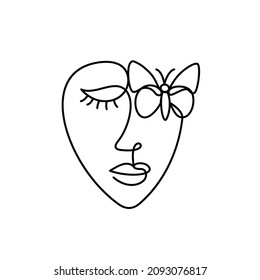 Face of an abstract woman with a butterfly in a modern abstract minimalist one line style. Continuous black line faces simple drawing. Isolated on white. Vector fashion illustration.