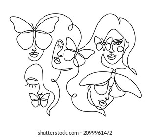 Face of an abstract woman with a butterfly in a modern abstract minimalist one line style. Continuous black line faces simple drawing. Isolated on white. Vector fashion illustration.