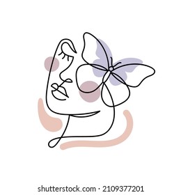 Face of an abstract woman with a butterfly in a modern abstract minimalist one line style. Continuous black line faces simple drawing. Isolated on white. Vector fashion illustration.