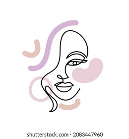 Face of an abstract woman with colorful shapes in a modern abstract minimalist one line style. Continuous black line simple drawing. Isolated on white. Vector fashion illustration.