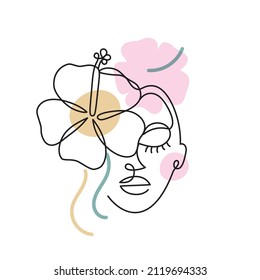 Face of an abstract woman with colorful shapes in a modern abstract minimalist one line style. Tropical flower. Continuous black line simple drawing. Isolated on white. Vector fashion illustration.