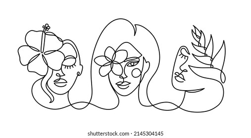 Face of an abstract woman with colorful shapes in a modern abstract minimalist one line style. Tropical hibiscus flower. Continuous black line simple drawing. Vector fashion illustration set.