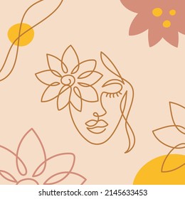 Face of an abstract woman with a flower in a modern abstract minimalist one line style. Continuous line faces simple drawing. Vector fashion illustration. Yellow, pink and beige colors.