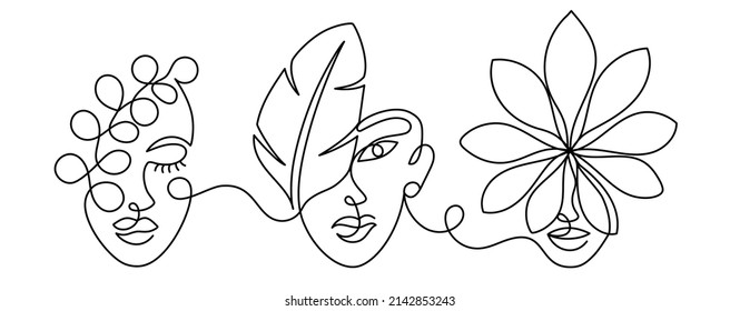 Face Of An Abstract Woman With Leaves In A Modern Abstract Minimalist One Line Style. Tropical Leaf. Continuous Black Line Simple Drawing. Vector Fashion Illustration. Many Faces. 