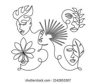 Face Of An Abstract Woman With Leaves In A Modern Abstract Minimalist One Line Style. Tropical Leaf. Continuous Black Line Simple Drawing. Vector Fashion Illustration. Many Faces. 