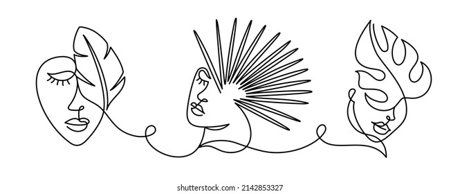 Face Of An Abstract Woman With Leaves In A Modern Abstract Minimalist One Line Style. Tropical Leaf. Continuous Black Line Simple Drawing. Vector Fashion Illustration. Many Faces. 