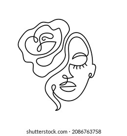 Face of an abstract woman with a rose flower in a modern abstract minimalist one line style. Continuous black line faces simple drawing. Isolated on white. Vector fashion illustration.