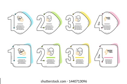 Face accepted, Face attention and Statistics icons simple set. Quickstart guide sign. Access granted, Exclamation mark, Report charts. Lightning symbol. Science set. Infographic timeline. Vector
