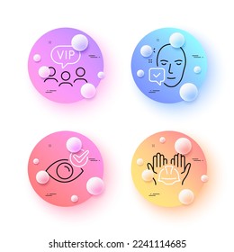 Face accepted, Builders union and Check eye minimal line icons. 3d spheres or balls buttons. Vip clients icons. For web, application, printing. Access granted, Engineer helmet, Vision. Vector