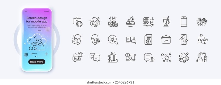 Face accepted, Chemistry lab and Online question line icons for web app. Phone mockup gradient screen. Pack of Fair trade, Co2 gas, Radiator pictogram icons. Vector