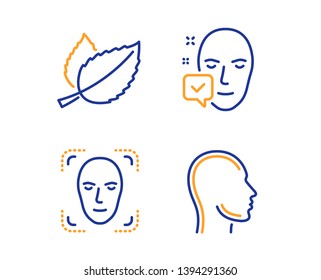 Face accepted, Face detection and Mint leaves icons simple set. Head sign. Access granted, Detect person, Mentha herbal. Human profile. Medical set. Linear face accepted icon. Colorful design set