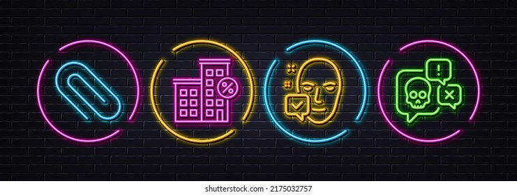 Face Accepted, Paper Clip And Loan House Minimal Line Icons. Neon Laser 3d Lights. Cyber Attack Icons. For Web, Application, Printing. Access Granted, Attach Paperclip, Discount Percent. Vector