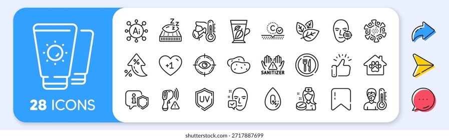 Cara aceptada, protector solar y los iconos de la línea objetivo del ojo. Tasa de interés, IA generan iconos de inflación. Paquete de papa, hombre enfermo, icono del coronavirus. Hojas de menta, termómetro, pictograma de refugio para mascotas. Vector