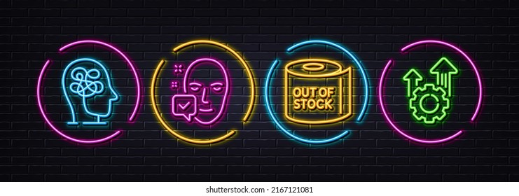 Face accepted, Toilet paper and Stress minimal line icons. Neon laser 3d lights. Seo gear icons. For web, application, printing. Access granted, Tissue roll, Mind anxiety. Cogwheel. Vector