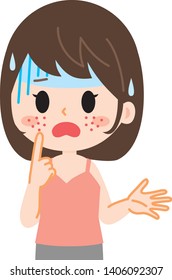 Face acne finger pointing young woman