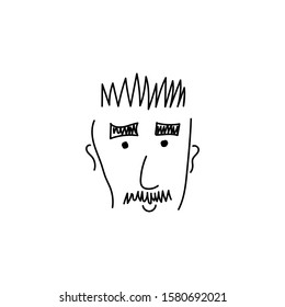 The face of adult man with thick eyebrows and moustache hand drawn vector illustration. 