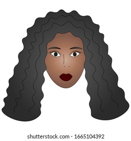 Face of an african american girl. Full face. Color vector illustration. Heterochromia is a different eye color. Long curls, afro hairstyle. Puffy lips. Face on an isolated background. Idea for sticker