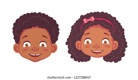 Face of African boy and girl. Emotions of african american boy and girl. Facial expression. Face vector illustration