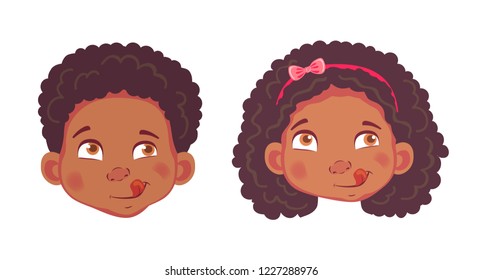 Face of African boy and girl. Emotions of african american boy and girl. Facial expression. Face vector illustration