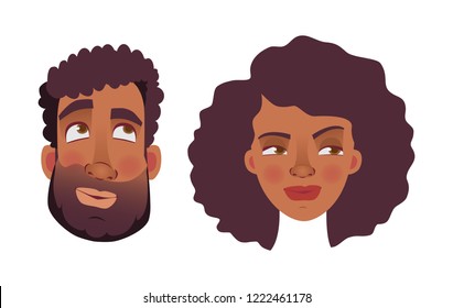 Face of African man and woman. Emotions of african american woman face. Facial expression men vector illustration