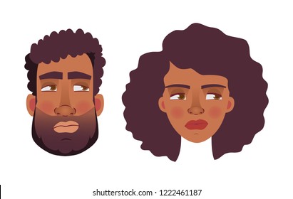 Face of African man and woman. Emotions of african american woman face. Facial expression men vector illustration