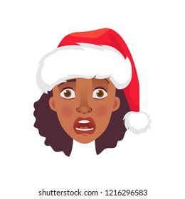 Face of African woman in christmas hat. Emotions of african american woman face. Facial expression vector illustration
