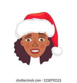 Face of African woman in christmas hat. Emotions of african american woman face. Facial expression vector illustration