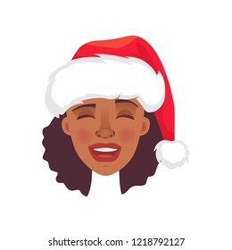 Face of African woman in christmas hat. Emotions of african american woman face. Facial expression vector illustration