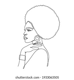 Face of an Afro American woman in a modern abstract minimalist one line style. Continuous black line simple drawing. Isolated on white. Vector fashion illustration.