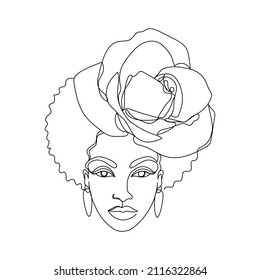 Face of an Afro American woman in a modern abstract minimalist one line style with a rose flower. Continuous black line simple drawing. Isolated on white. Vector fashion illustration.