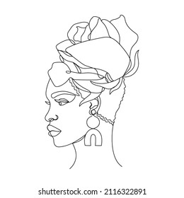 Face of an Afro American woman in a modern abstract minimalist one line style with a rose flower. Continuous black line simple drawing. Isolated on white. Vector fashion illustration.