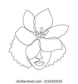 Face of an Afro American woman in a modern abstract minimalist one line style with a lily flower. Continuous black line simple drawing. Isolated on white. Vector fashion illustration.