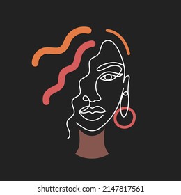 Cara de una mujer afroamericana en un estilo de línea abstracto moderno y minimalista con formas mínimas. Continua línea blanca de un simple dibujo de una chica africana. Aislado en negro. Ilustración vectorial.