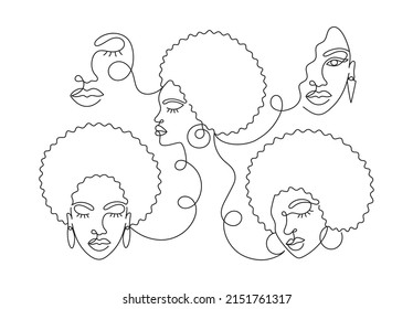 Cara de una mujer afroamericana en un estilo de línea abstracto moderno y minimalista con formas mínimas. Continua línea negra de un simple dibujo de una chica africana. Aislado en blanco. Ilustración vectorial.