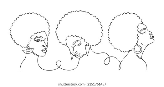 Cara de una mujer afroamericana en un estilo de línea abstracto moderno y minimalista con formas mínimas. Continua línea negra de un simple dibujo de una chica africana. Aislado en blanco. Ilustración vectorial.