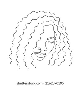 Face of an Afro American woman in a modern abstract minimalist one line style with minimal shapes. Continuous black line of an African girl simple drawing. Isolated on white. Vector illustration.