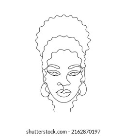 Face of an Afro American woman in a modern abstract minimalist one line style with minimal shapes. Continuous black line of an African girl simple drawing. Isolated on white. Vector illustration.