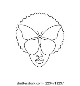 Face of an Afro American woman in a modern abstract minimalist one line style with a butterfly. Continuous black line of an African girl simple drawing. Isolated on white. Vector illustration.