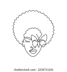 Das Gesicht einer afro-amerikanischen Frau in einem modernen abstrakten minimalistischen Stil mit einem Schmetterling. Kontinuierliche schwarze Linie eines afrikanischen Mädchen einfache Zeichnung. Einzeln auf Weiß. Vektorgrafik.