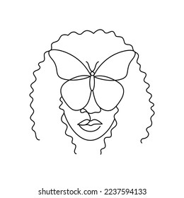 Face of an Afro American woman in a modern abstract minimalist one line style with a butterfly. Continuous black line of an African girl simple drawing. Isolated on white. Vector illustration.